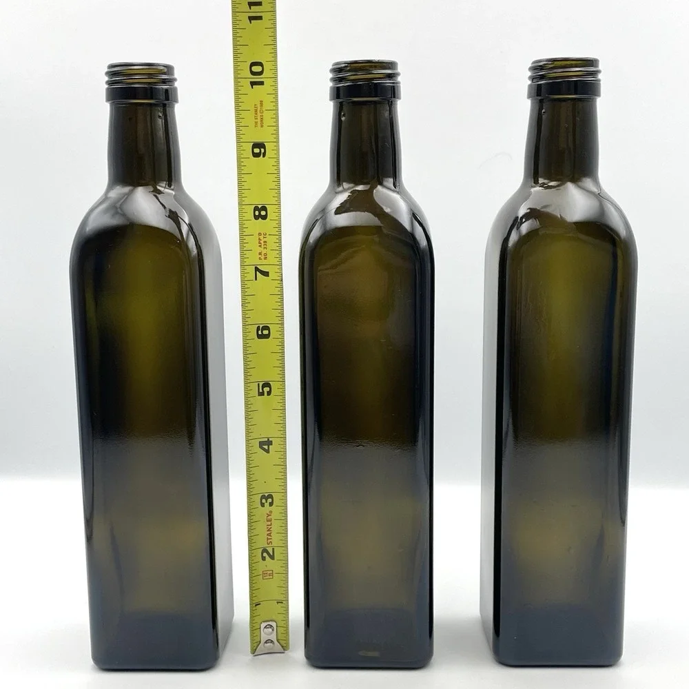 Set of 3 500ml 50cl Dark Green‎ Square Glass Bottles Olive Oil 10.25